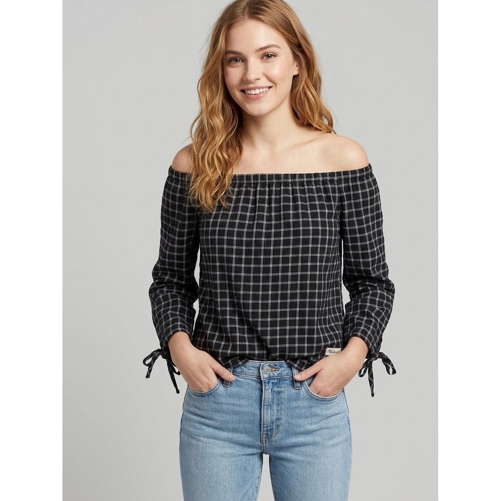 Madewell Off The Shoulder Plaid Tie Sleeve Blouse Black White XXS